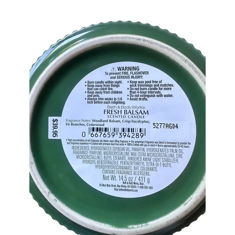 Bath & Body Works Fresh Balsam 3 Wick Candle Green Ribbed Ceramic Jar New